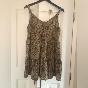 “Mine” Brand Green and Brown Paisley Print Baby Doll Dress Crochet Lining size L